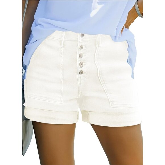 Women's Cream White High Waisted Stretchy Buttoned Folded Denim Jeans Shorts